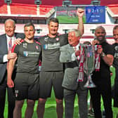 Paul Douglas, Richie Barker, Mike Pollitt, Tony Stewart, Paul Warne and Matt Hamshaw celebrate the League One play-off final win over Shrewsbury at Wembley.