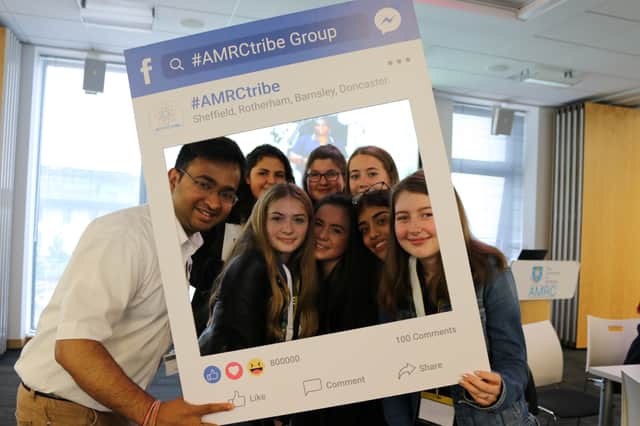 Rahul Mandal, Nuclear AMRC scientist and Great British Bake Off winner, with schoolgirls at the launch of #AMRCtribe