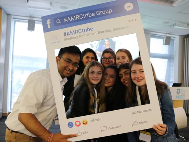 Rahul Mandal, Nuclear AMRC scientist and Great British Bake Off winner, with schoolgirls at the launch of #AMRCtribe