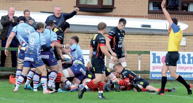 Anthony Maka goes over for Rotherham's first try against Cambridge. Picture: Dave Poucher