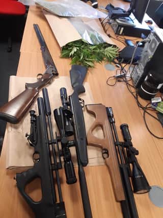 Cannabis plants, air rifles and a shotgun were discovered in the raid.