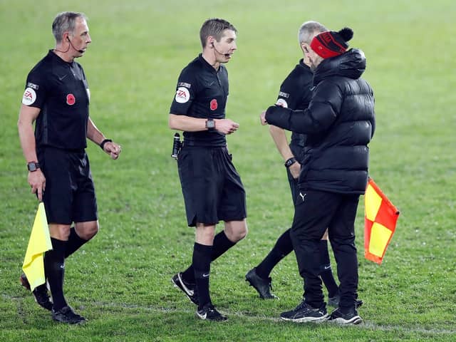Paul Warne has questions to ask the referee at the final whistle. Pictured by Jim Brailsford
