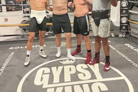 Kash Ali (right) at the training camp of Joseph Parker (second left) ahead of his fight with Dereck Chisora, with fellow sparrers David Nyiika and Kamil Sokolskvi.
