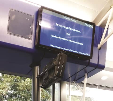 Screens and poster space without the new information at Rotherham Interchange in October