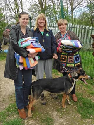 Ann Diaz, centre, and Sunny from Rotherham Dog Rescue are pictured receiving the blankets from knitters Lydia, left, and Kendal Stokes