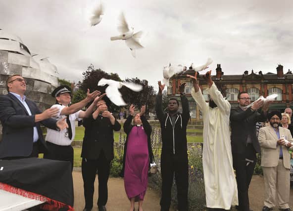 Leaders from seven different faiths came together in solidarity to release doves in memory of the victims of the Grenfell Tower fire and Finsbury Park mosque attack. The release followed speeches a minutes silence at the Heart of Steel in Minster Gardens, which was organised by Liberty Church. 171068-4