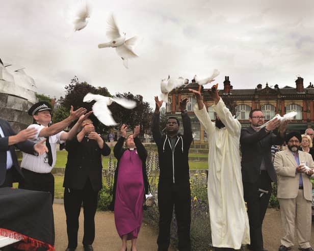Leaders from seven different faiths came together in solidarity to release doves in memory of the victims of the Grenfell Tower fire and Finsbury Park mosque attack. The release followed speeches a minutes silence at the Heart of Steel in Minster Gardens, which was organised by Liberty Church. 171068-4