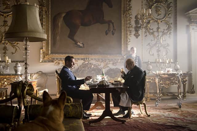 Gary Oldman and Ben Mendelsohn take tea in Wentworth Woodhouse's Whistlejacket Room.