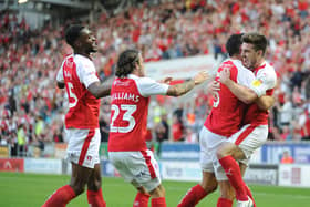 Rotherham celebrate their opening goal in tonight's defeat. Pictures: STEVE METTAM