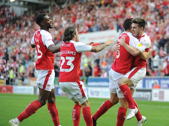 Rotherham celebrate their opening goal in tonight's defeat. Pictures: STEVE METTAM