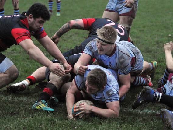 Zak Poole goes over for his stoppage-time try against Birmingham Moseley last week.