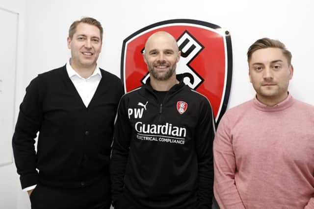 New recruitment duo Rob Scott, left, and Chris Trotter with manager Paul Warne