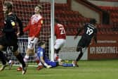 Josh Kayode scores for Rotherham in the last round against Crewe. Picture by Jim Brailsford