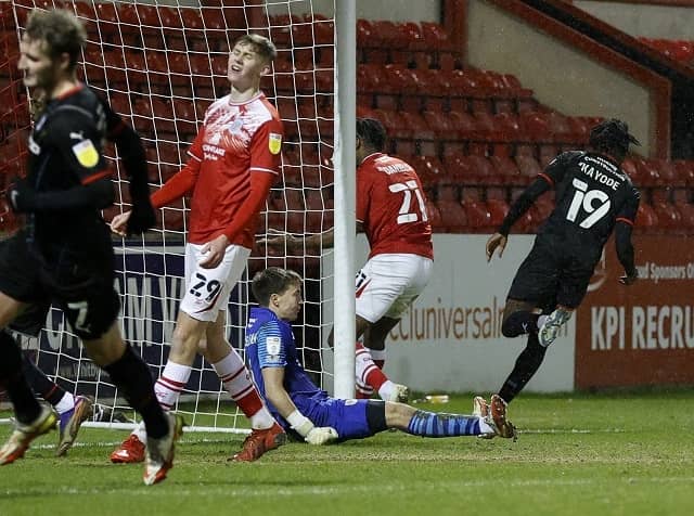 Josh Kayode scores for Rotherham in the last round against Crewe. Picture by Jim Brailsford