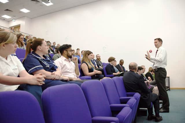 Secretary of State Jeremy Hunt is pictured, speaking to staff within Doncaster and Bassetlaw Teaching Hospital’s Lecture Theatre.