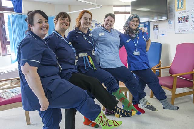 Colleagues from The Rotherham NHS Foundation Trust get set for World Down’s Syndrome Day. Pictured is Sarah Neal, midwife; Jackie Durban, lead midwife for antenatal and newborn screening; Emily Burgh, midwife; Jo Lacey, nursery nurse and Rukhsana Shah, junior midwife.