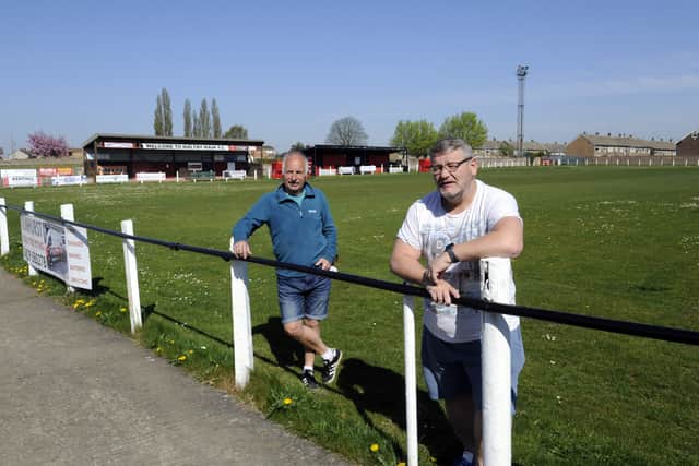 Maltby Main groundsman Jim Liversidge (left) at Muglet Lane with colleague Mick Mills.