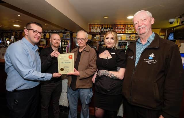 (left to right) Shift manager Shaun Brown; pub manager Adam Gill; Rotherham CAMRA Branch pubs campaigns coordinator and vice-chairman, Paul Redfern; shift manager Rebecca Pilgrim; and Rotherham CAMRA Branch chairman Steve Burns,