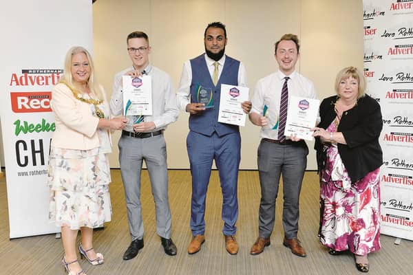 Apprentice Of The Year awards 2021. The Mayor and Mayoress of Rotherham, Cllr Jenny Andrews (left) and Jeanette Mallinder with category winners (from left to right), Henry Long (Advanced), Kamran Hussain (Intermediate) and Lewis Massie (Advanced/Degree). 210586-8