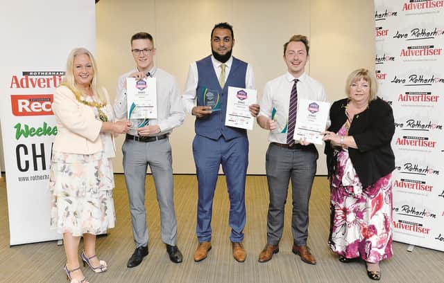 Apprentice Of The Year awards 2021. The Mayor and Mayoress of Rotherham, Cllr Jenny Andrews (left) and Jeanette Mallinder with category winners (from left to right), Henry Long (Advanced), Kamran Hussain (Intermediate) and Lewis Massie (Advanced/Degree). 210586-8