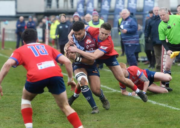 Luckas Sableman-Blue carries for Rotherham against Sheffield. Picture by KERRIE BEDDOWS