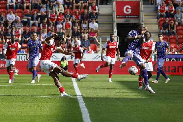 Deadly Dexter ... what a strike from Lembikisa to open the scoring for Rotherham United against Norwich City. Pictures: Jim Brailsford