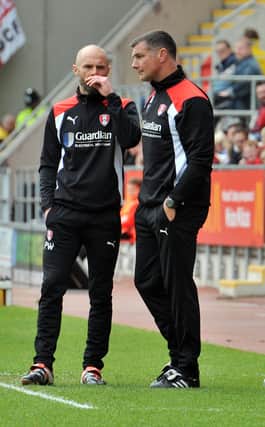 Manager Paul Warne and assistant Richie Barker in discussion