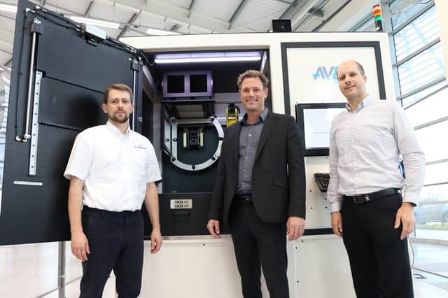 3: L-R: Harry Burroughes with Jean-François DuPont and Philippe Masson of AV&R at AMRC Factory 2050, where the automated visual inspection system is installed