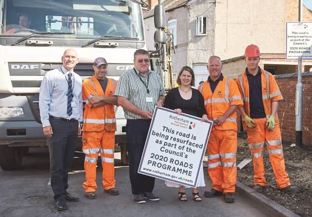 Caption (from left): Rotherham Borough Council’s head of service, highways, Colin Knight; Streetpride operative Marcus Armstrong; Dinnington ward councillor John Vjestica; cabinet member for waste, roads and community safety, Cllr Emma Hoddinott; and Streetpride operatives Mark Bennett and Alex Booth.