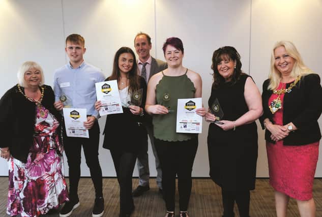 Apprentice of the Year 2019. The Mayor and Mayoress of Rotherham, Cllr Jenny Andrews (right) and Cllr Jeanett Mallinder (left) with Advertiser editor, Andrew Mosley and category winners (from left to right), Tom Roe, Advanced; Zeynah Khalil, Intermediate; Angela Lambert, Degree and Dawn White, Higher. 190849-23