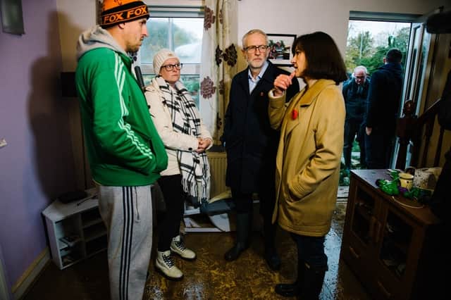 Labour leader Jeremy Corbyn and Don Valley candidate Caroline Flint visiting the home of Alyson and James Merritt who have been hit by flooding in Duftons Close, Conisbrough.
