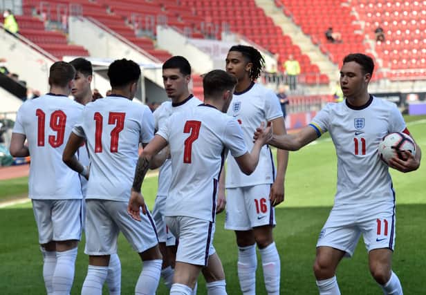 England U19s celebrate Alfie Devine's opening goal against Armenia at AESSEAL New York Stadium. Picture by DAVE POUCHER