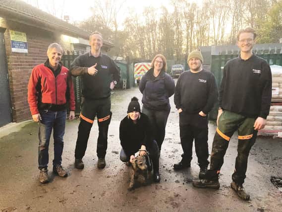 Shelley with Buddy and rescuers (from left): Kevin Burke, John Jackson, Becky Dickinson, Bradley Scott and Harry Winfield