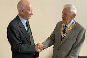 Retiring President George Young (left), welcoming new President, Peter Jenkinson. (Photo Credit: Wombwell Probus Club)