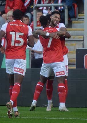 Trialist Andre Green celebrates after his amazing goal for Rotherham United against Sheffield United at AESSEAL New York Stadium. Picture: Kerrie Beddows