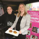 Seen at the Rotherham launch of Love Food Hate Waste, cooking up vegetable fritters are (left) Clover Hutson, chef at Artisan Cooks and Karen Hanson, assistant director Community Safety and Streetscene at RMBC. 170819-1