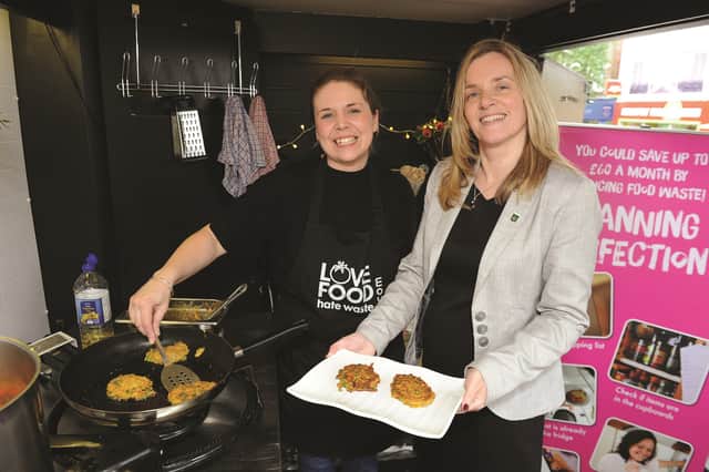 Seen at the Rotherham launch of Love Food Hate Waste, cooking up vegetable fritters are (left) Clover Hutson, chef at Artisan Cooks and Karen Hanson, assistant director Community Safety and Streetscene at RMBC. 170819-1