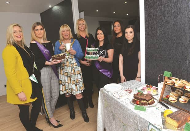 Sophie White (second left) and Sophie Skelding (third from right), are seen with their special guest the Mayor of Rotherham Cllr Eve Rose Keenan and (from left to right): Sophie White's mum and event supporter Helen Schofield, beauty therapist Karry Badger, permanent make-up and brow artist Carla Hamilton and beauty therapist Lydia Mellor. 180179