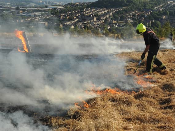 A firefighter tackles the grass fire at Kimberworth
