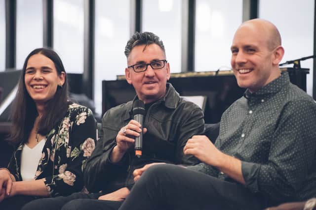 (L-R) Playwright Chris Bush, singer Richard Hawley and director Robert Hastie at the launch of their new musical Standing at Sky’s Edge, which opens in Sheffield next month.