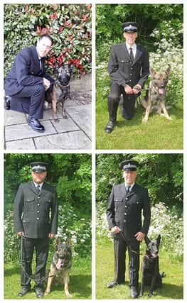 Pictured clockwise (from top left): PC Matt Aris and Luna; PC Dave Whittle with Hudson; PC Daz Wassell alongside Vespa and PC Terry Davidson with Bill
