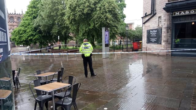 The scene in Rotherham town centre yesterday evening.