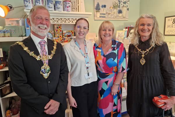 The Mayor and Mayoress with (centre left)  fundraising manager Sophie Barnett and retail manager Theresa Cropper