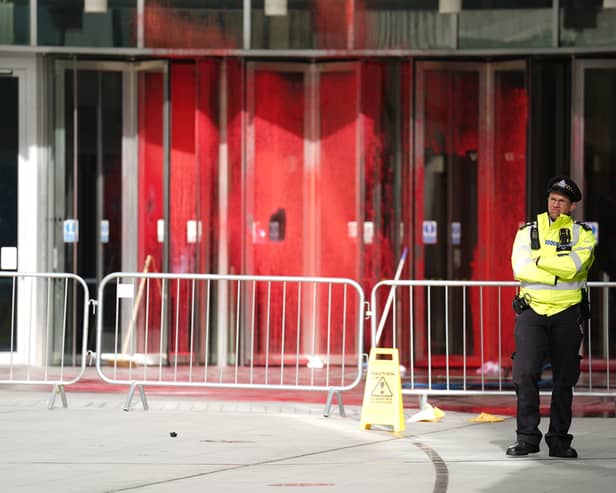 The scene at BBC Broadcasting House in London, after red paint was sprayed over the entrance. Picture date: Saturday October 14, 2023.