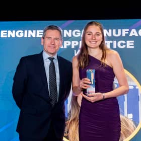 Forgemasters CEO Gary Nutter with the 2025 winner of the Engineering / Manufacturing Apprentice of the Year Erica Davison.
