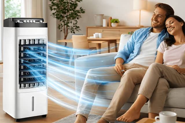 The portable air cooler includes a 4L water tank, oscillating airflow and an ice pack for extra cooling