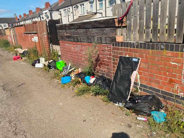 Fly-tipped waste in Eastwood, Rotherham.