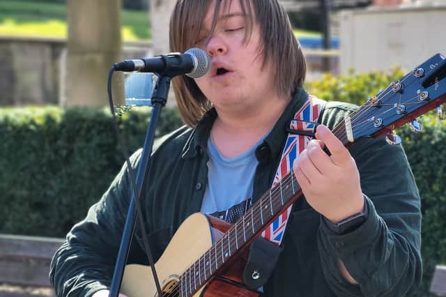 Daniel Towriss performing in Rotherham town centre