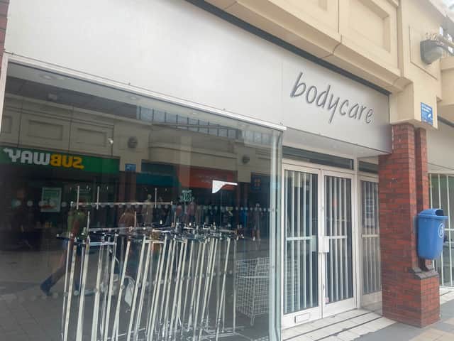 Closed bodycare shop in Rotherham town centre.
