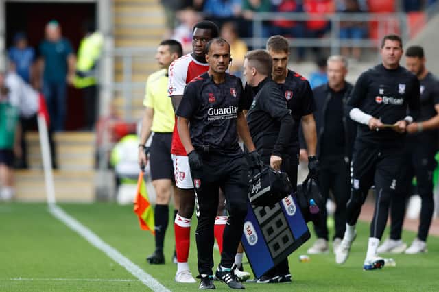 Rotherham United's Lenny Agbaire leaves the pitch early against York City